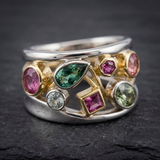 Vintage Colorful Glass Gold & Silver Ring