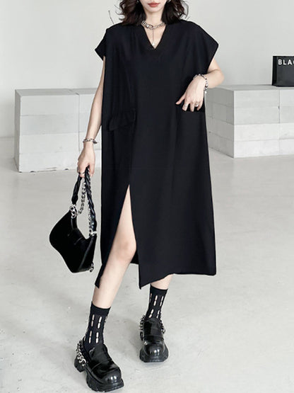 Loose Short Sleeves Asymmetric Color Split-joint Split-side V-neck Midi Dresses