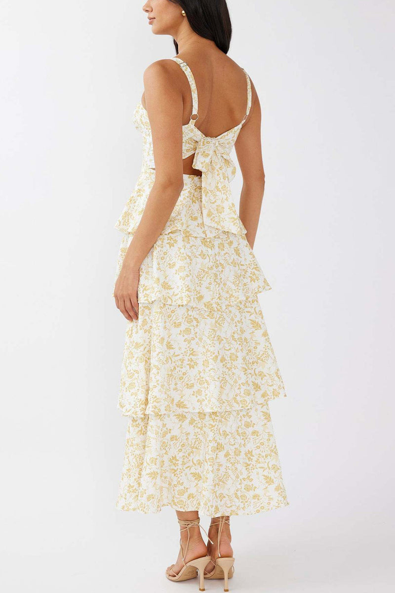 Print Tie-up Tiered Midi Dress