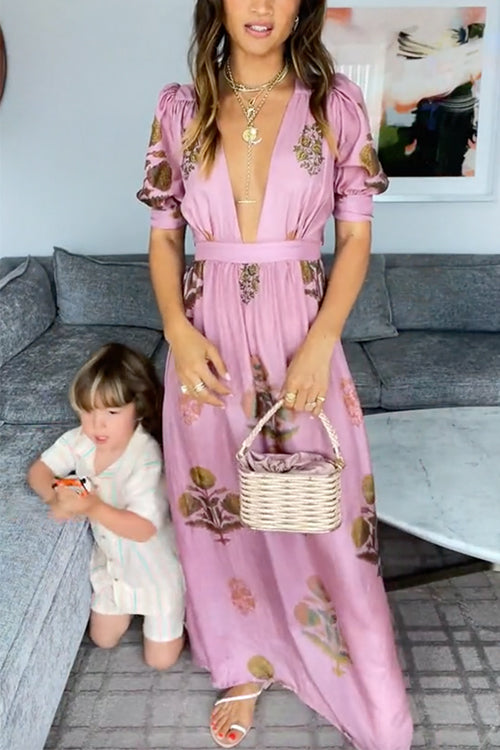 Deep V Neck Waisted Surya Print Maxi Dress