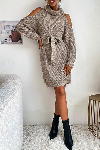 Turtleneck Cold Shoulder Belted Sweater Dress