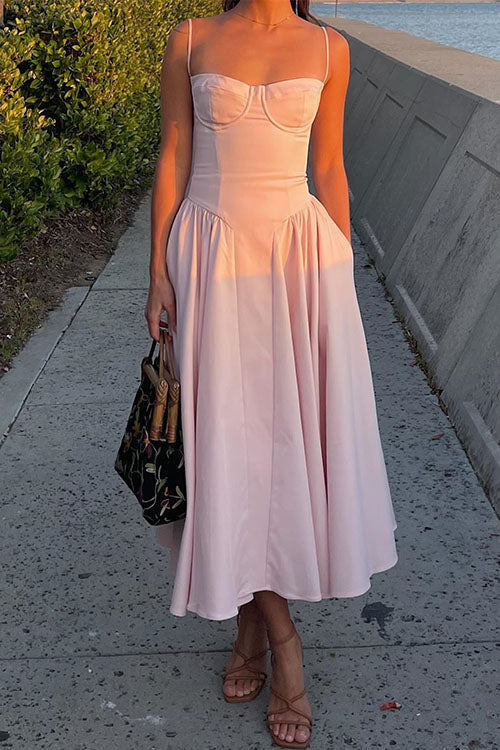 Moxidress Spaghetti Strap Pocketed Corset Swing Midi Dress