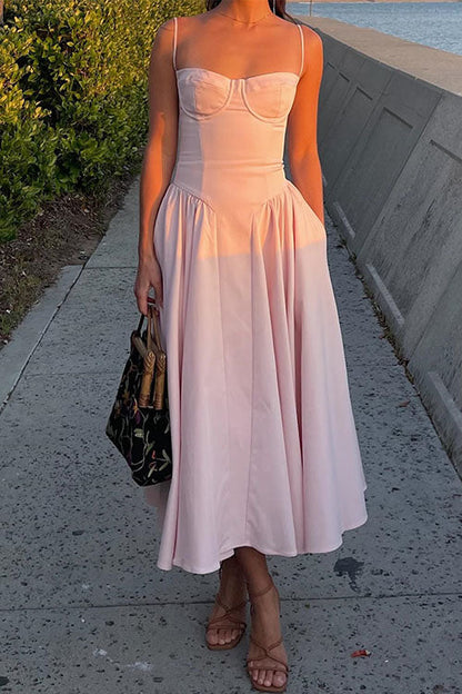 Moxidress Spaghetti Strap Pocketed Corset Swing Midi Dress