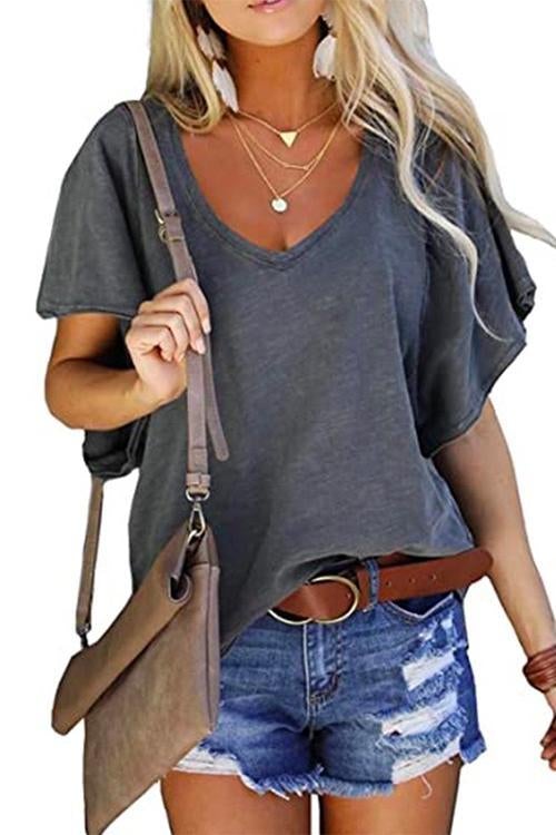V Neck Ruffle Short Sleeve T-shirt