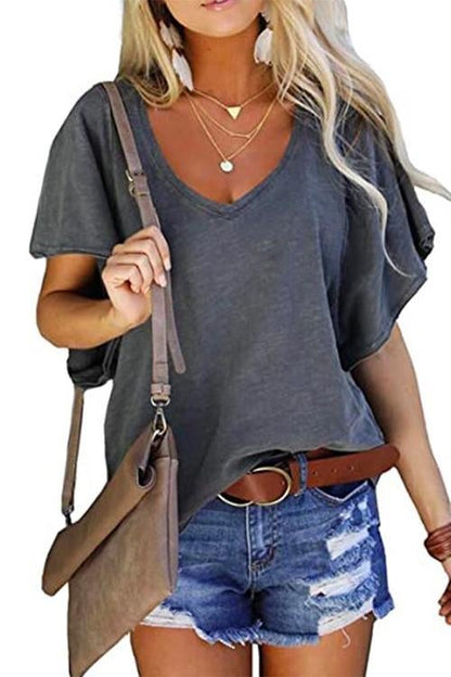 V Neck Ruffle Short Sleeve T-shirt