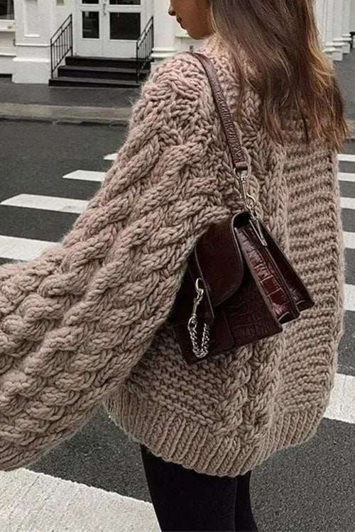 Moxidress Round Neck Oversized Cable Knit Sweater