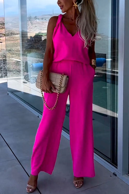 V Neck Sleeveless Top Wide Leg Pockets Pants Set