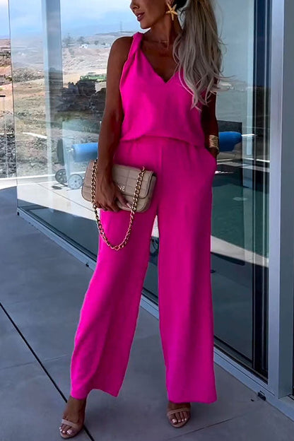 V Neck Sleeveless Top Wide Leg Pockets Pants Set