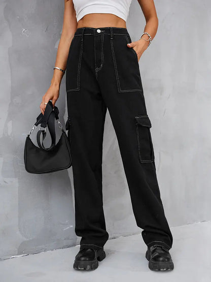 Elastic Waist Relaxed Fit Denim Cargo Pants