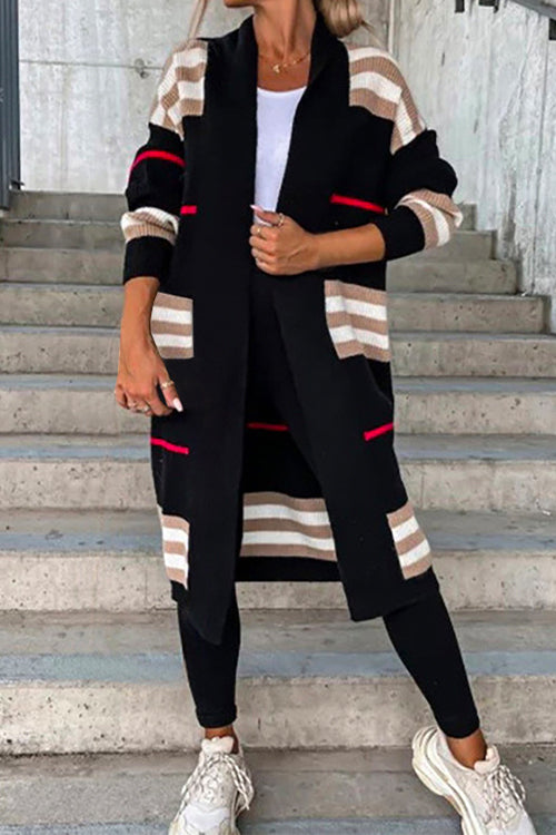 Open Front Color Block Striped Splice Long Sweater Cardigan