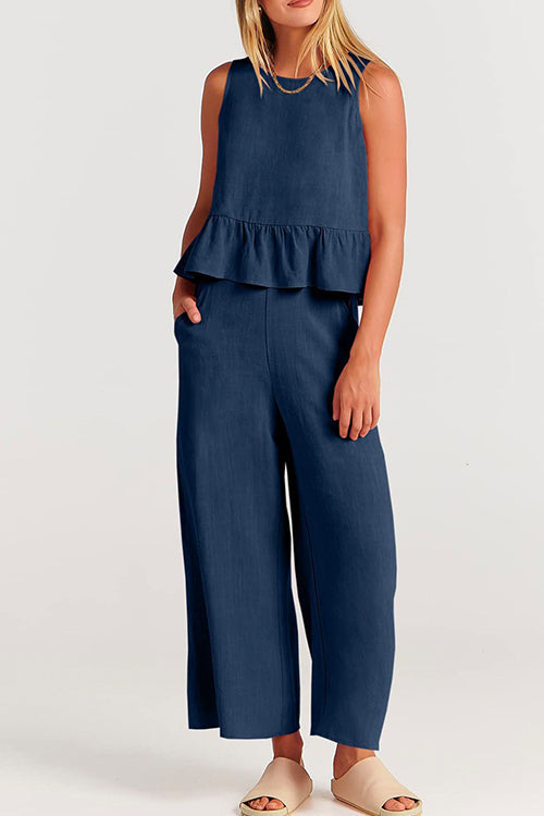Crewneck Ruffle Tank Top Wide Leg Pockets Pants Set