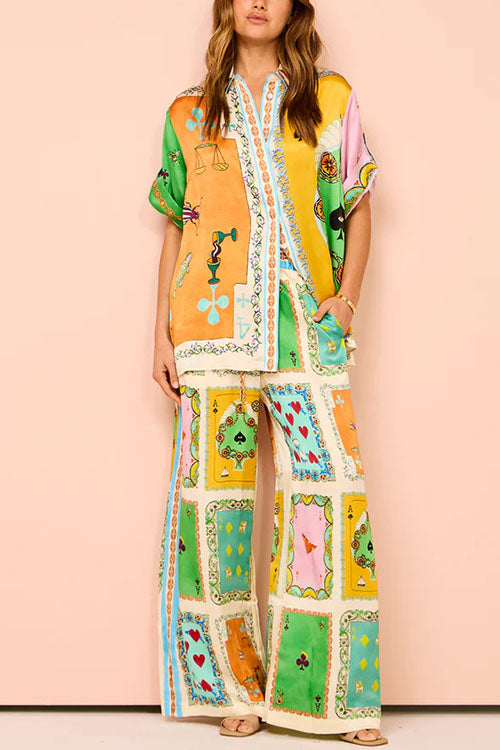 Unique Print Short Sleeves Button Down Shirt Waist Wide Leg Pants Satin Set