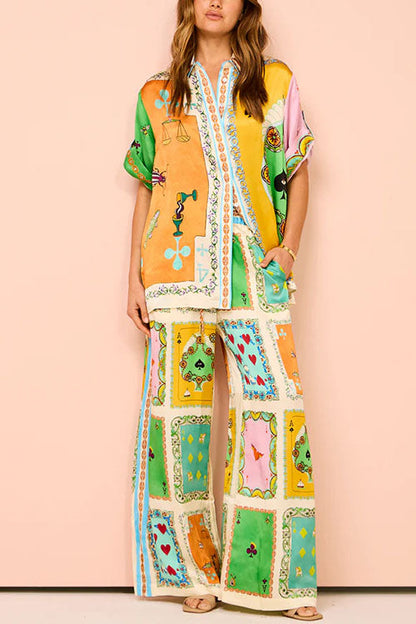 Unique Print Short Sleeves Button Down Shirt Waist Wide Leg Pants Satin Set