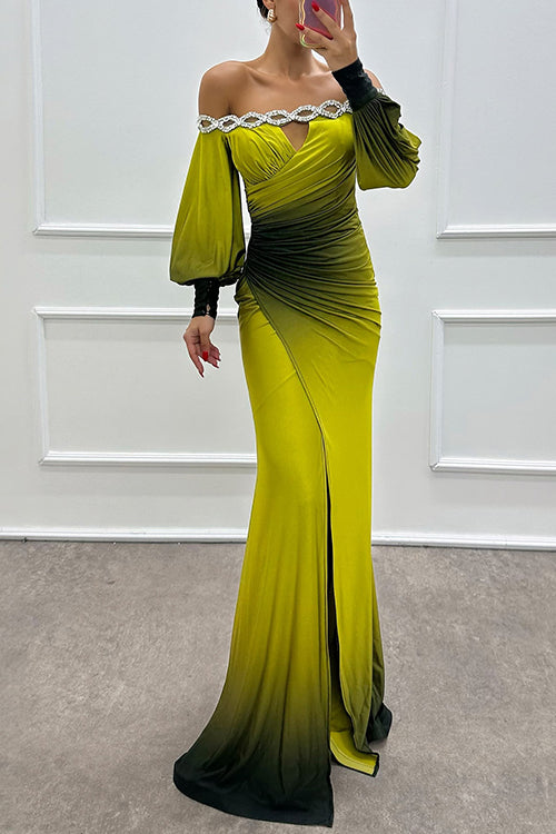 Off Shoulder Ruched Waist Gradient Tie Dye Wrap Maxi Dress