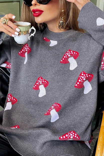 Mushroom Pattern Loose Round Neck Knitted Sweater