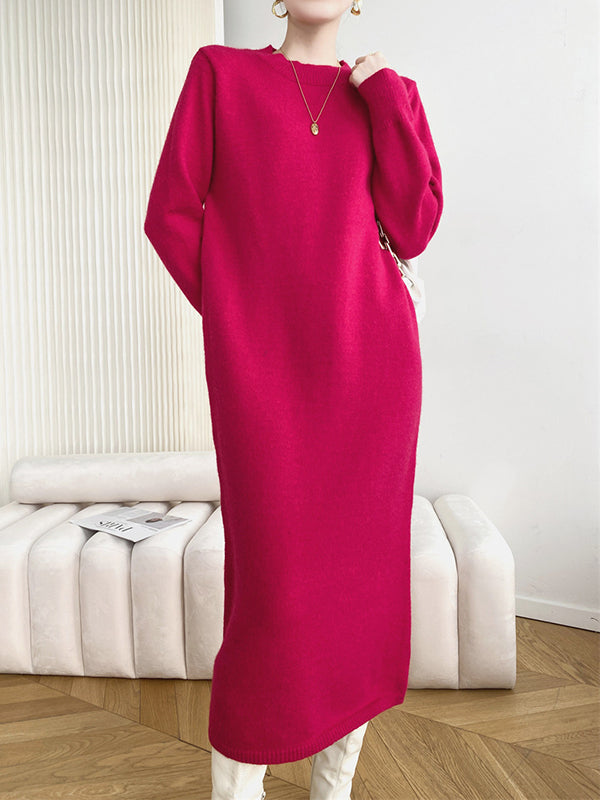 Urban Loose Long Sleeves Color Round-neck Sweater Dresses