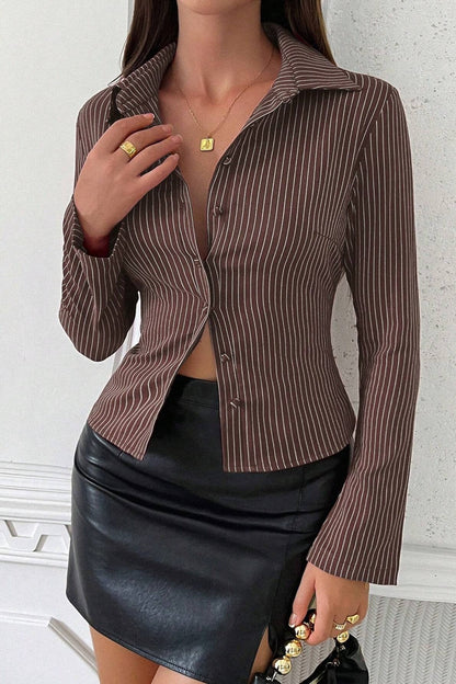 V Neck Striped Long Sleeve Blouse