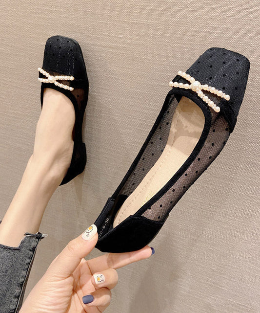 Black Bow Splicing Diamond Hollow Out Flat Shoes