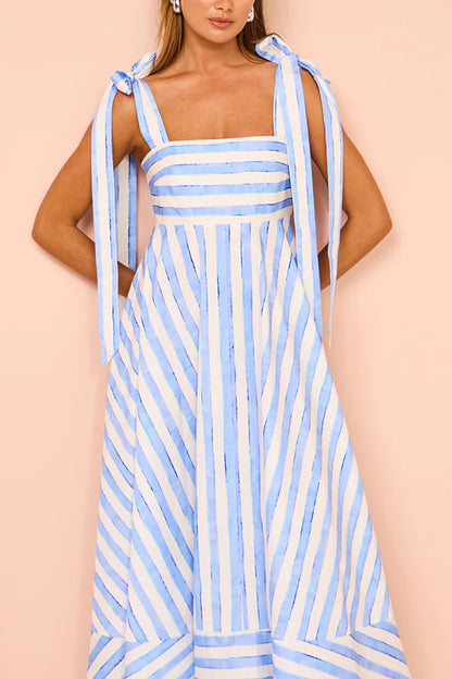 Treasured Times Stripe Print Tie-up Shoulder Pocketed A-line Maxi Dress