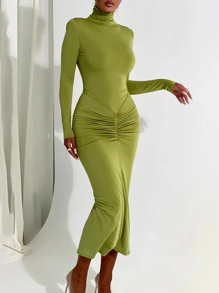 High Neck Long Sleeve Elastic Tight Dress for Folds Bodycon Wrap Hip Midi Dress Female Party Club Evening Dress