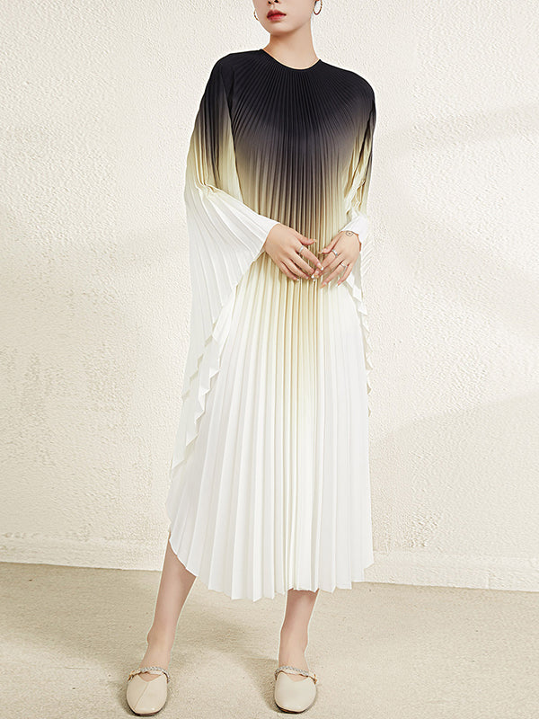 Batwing Sleeves Loose Gradient Pleated Round-neck Midi Dresses