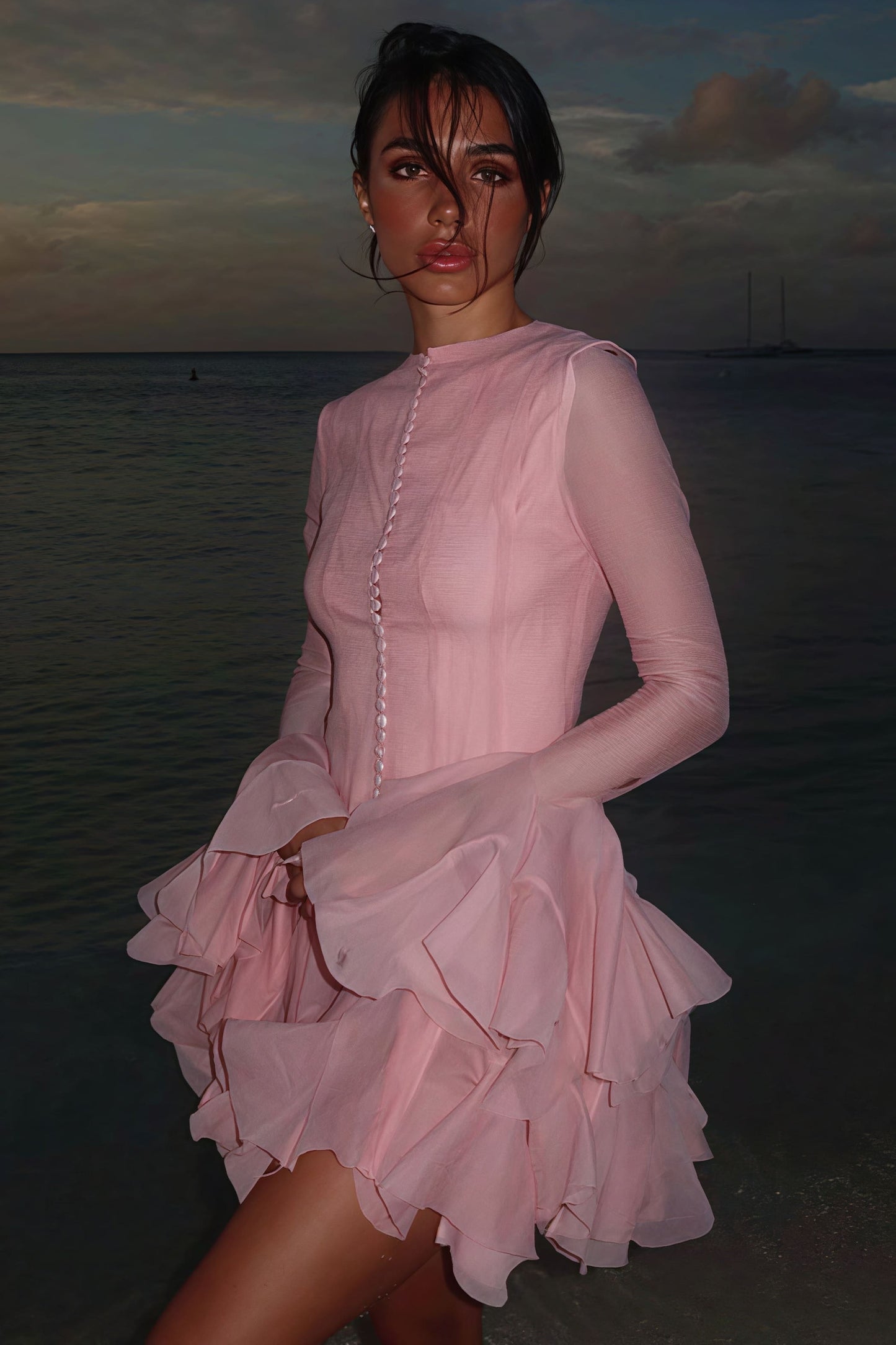 Buttoned Ruffled Long Puff Sleeve Mini Dress