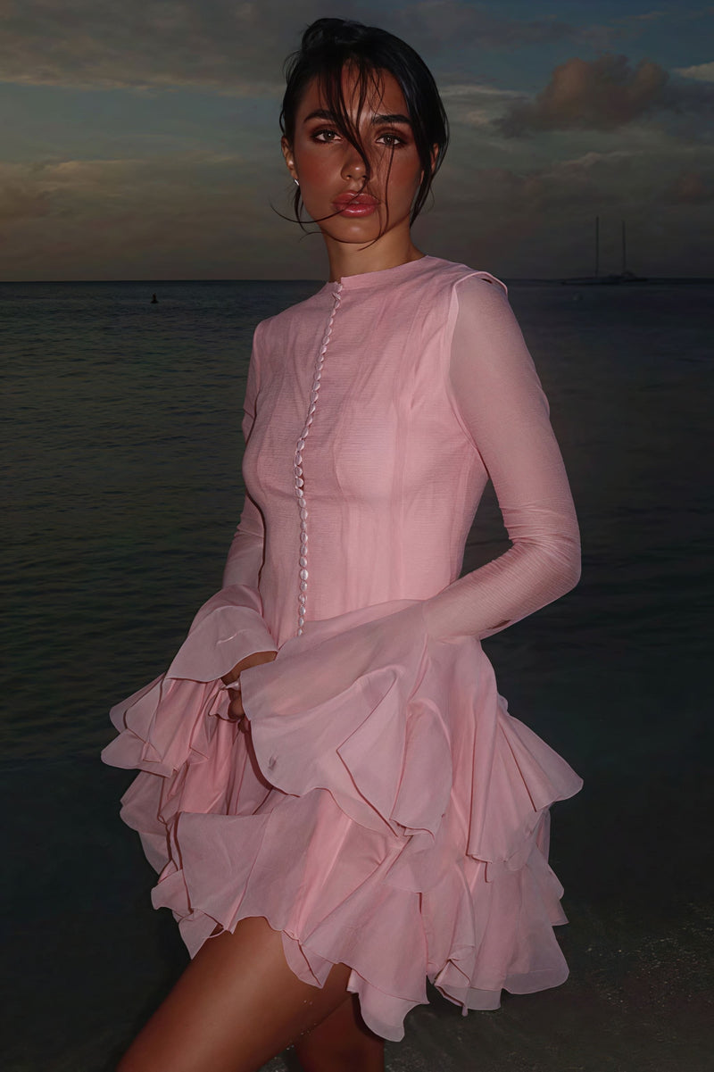 Buttoned Ruffled Long Puff Sleeve Mini Dress