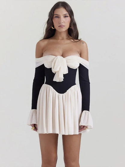 Strapless Backless Mini Dress for New Off-shoulder Long Flare Sleeve Pleated Club Party Dress
