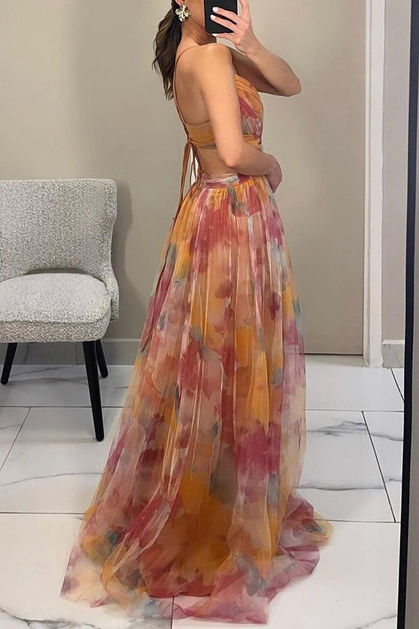 ' Summer Princess Chiffon Printed Hollow Waist and Back Lace Up Long Dress