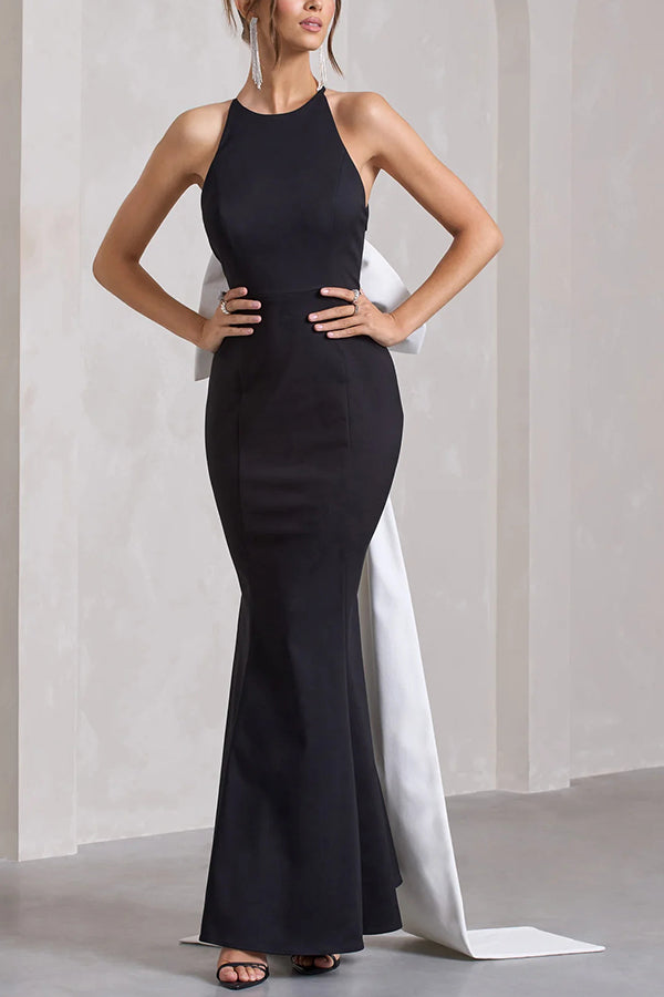 Statement Racer Neck Back Oversized Bow Hem Backless Maxi Dress
