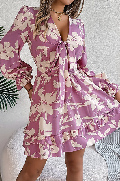 Print V-neck Lace-up Long-sleeve Elastic Waist Mini Dress