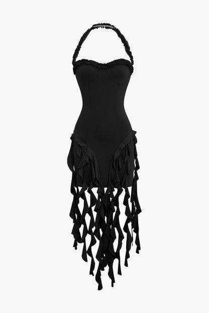 Color Ruffle Tassel Halter Bustier Mini Dress