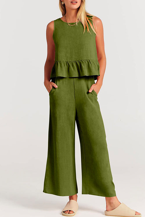 Moxidress Crewneck Ruffle Tank Top Wide Leg Pockets Pants Set