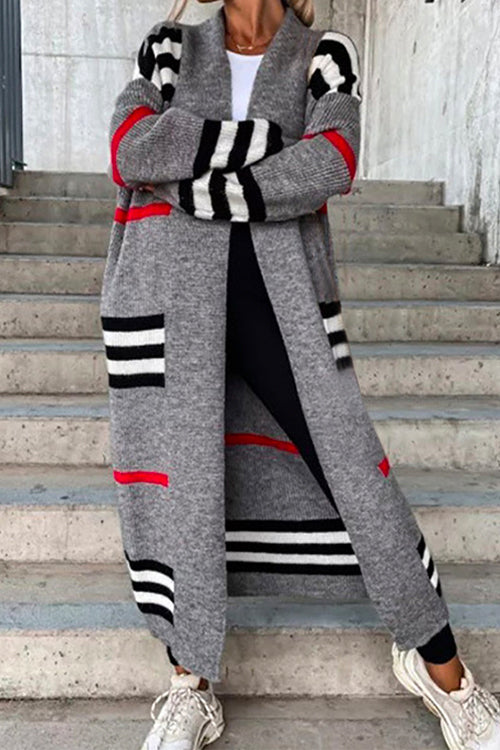 Open Front Color Block Striped Splice Long Sweater Cardigan