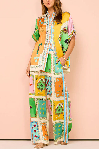 Unique Print Short Sleeves Button Down Shirt Waist Wide Leg Pants Satin Set