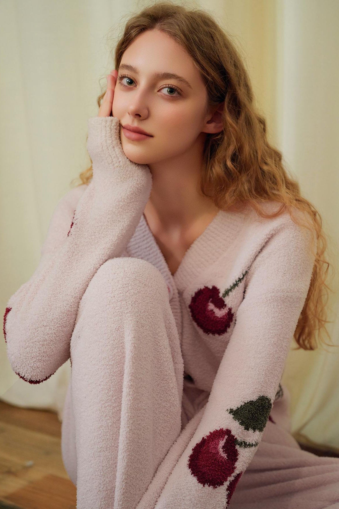 Soft Half Velvet Cherry Cardigan Pajama Set
