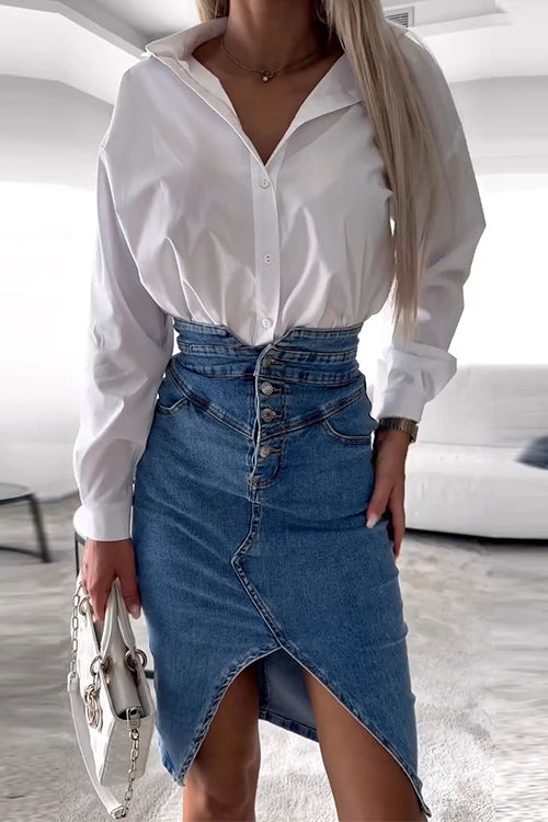 Moxidress High Waist Slit Front Knee Length Denim Skirt