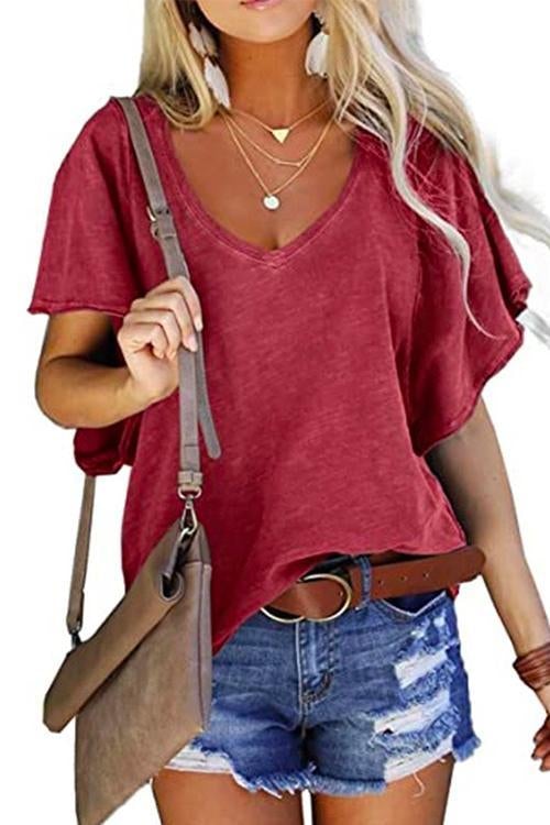 V Neck Ruffle Short Sleeve T-shirt