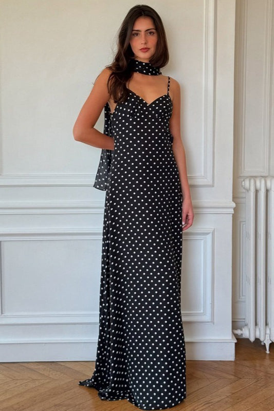 Polka Dot V Neck Cami Backless Maxi Dress