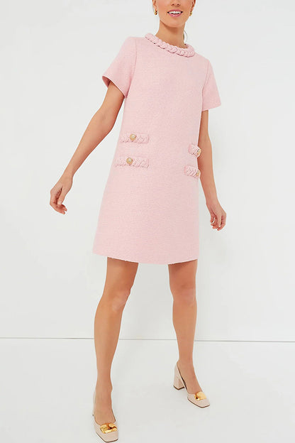 Confident and Tweed Fabric Braided Trim Button Shift Mini Dress