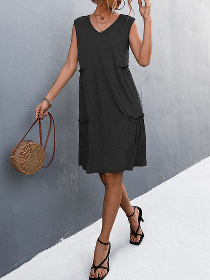 A-line Loose Pleated Color Split-joint V-neck Midi Dresses