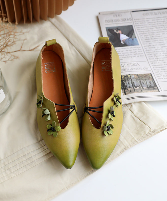 Green Asymmetrical Flat Shoes Pointed Toe Cowhide Leather Flat Shoes for