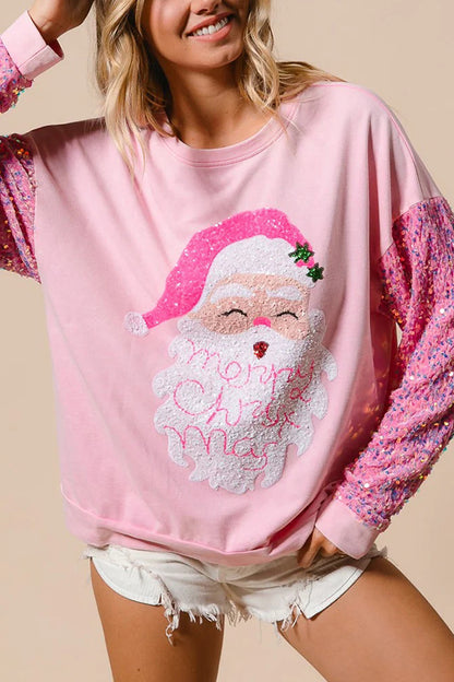 Christmas Loose Round Neck Sequined Sleeve Sweatshirt