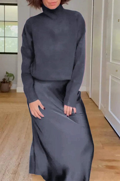 Jaelyn Color Turtleneck Long Sleeve Sweater and Satin Elastic Waist Maxi Skirt Set