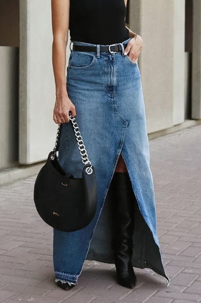 Blue Denim Raw-hem A-line Skirt