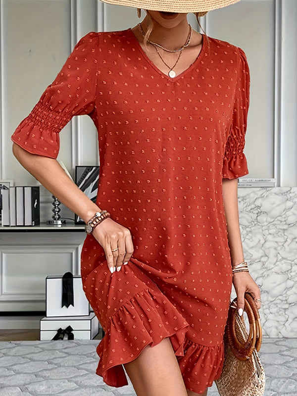 A-line Flared Sleeves Elasticity Jacquard Pleated Color Split-joint V-neck Mini Dresses