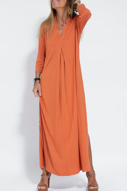 Color V-neck Slit Maxi Dress