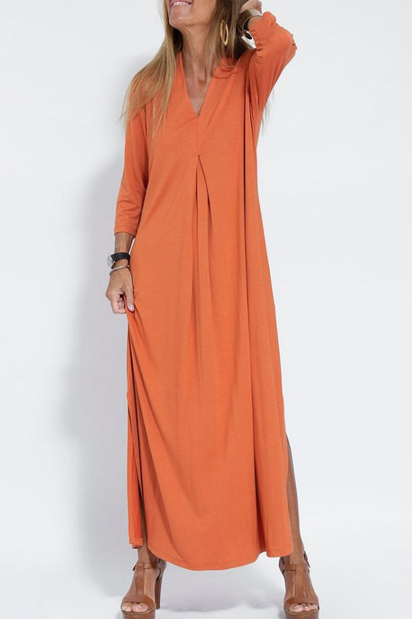 Color V-neck Slit Maxi Dress