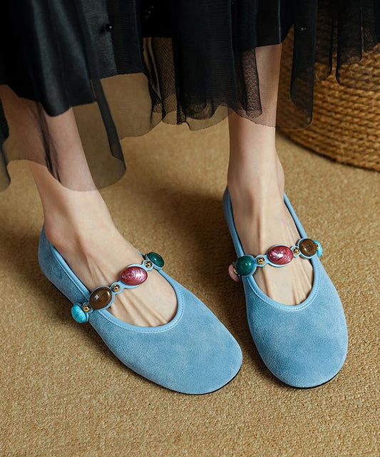 Blue Suede Buckle Strap Splicing Flat Shoes for