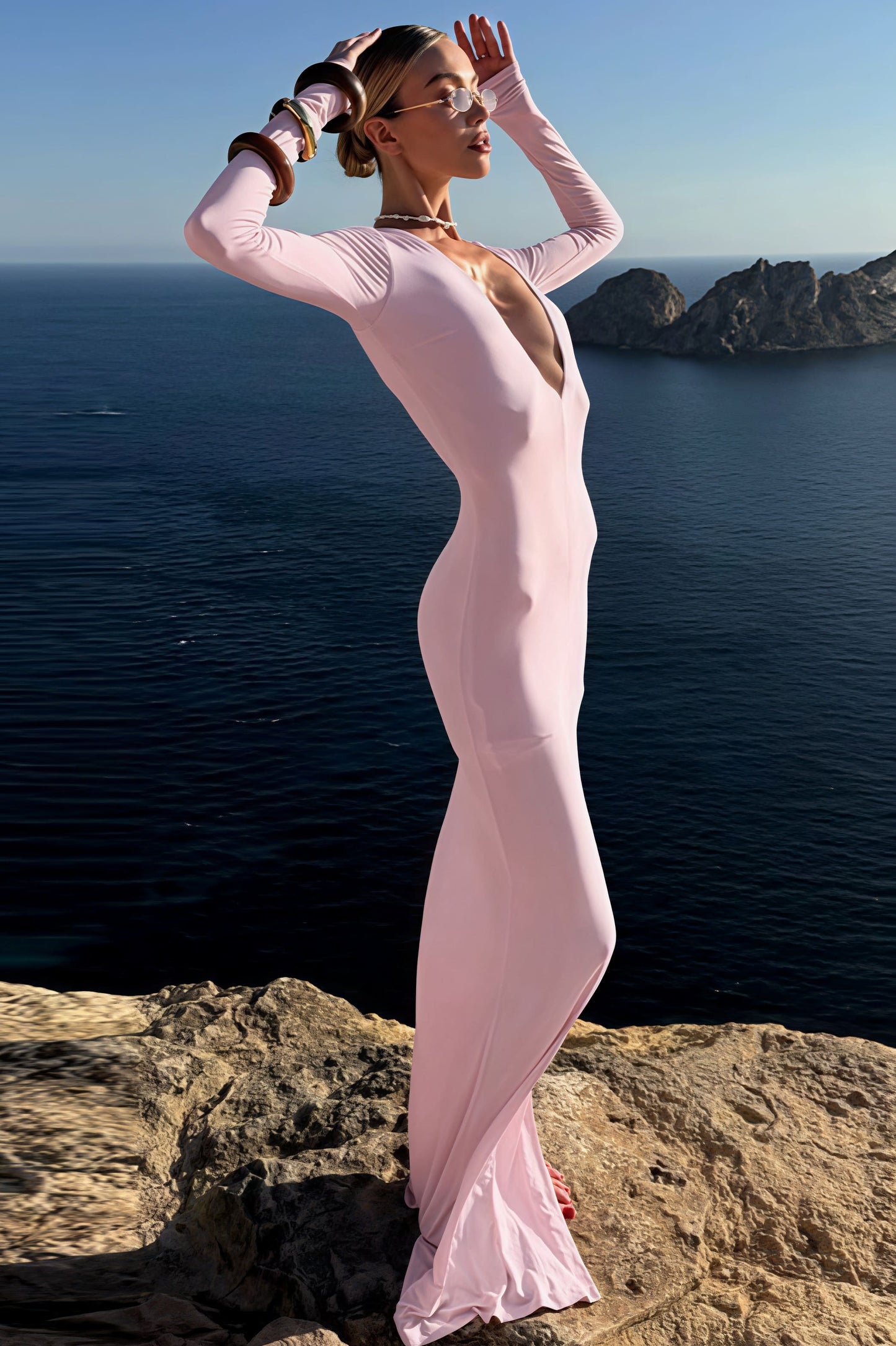 Deep V-neck Long Sleeve Bodycon Maxi Dress